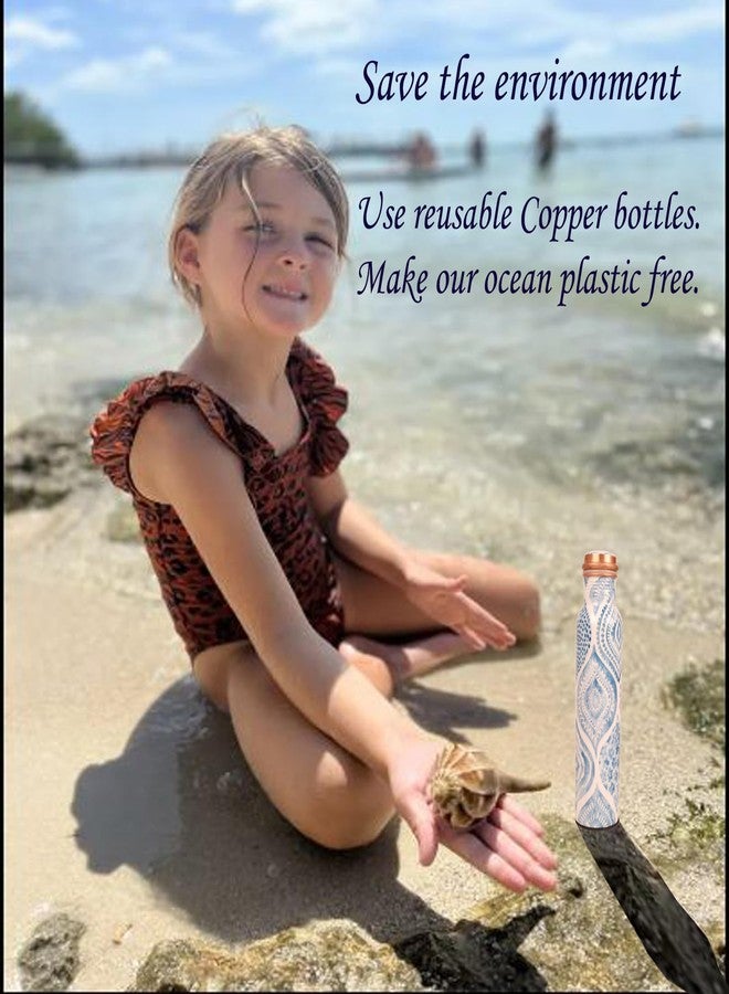 INDTRESOR Pure Copper Water Bottle - Handcrafted - Ayurveda health benefits - Large 35 oz - Leak proof - Easy to carry for Sports, Fitness, Yoga, School - Sky Blue Artistic Patterns Enamel - Image 3